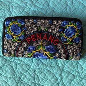 Embroidered Floral Wallet - Black and Blue